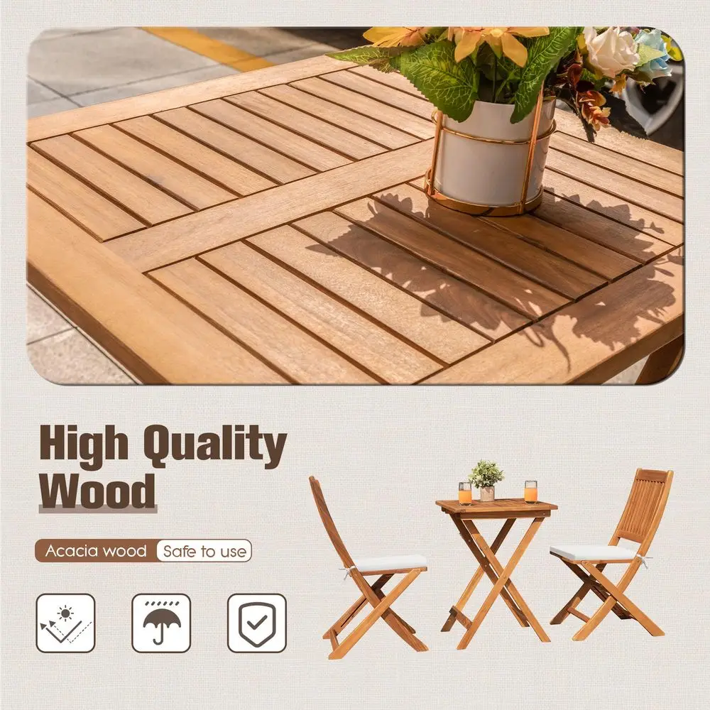 

Outdoor 3 Piece Folding Patio Bistro Set Acacia Wood Bistro Table and Chairs Set of 2 for Garden Poolside Backyard Balcony Porc