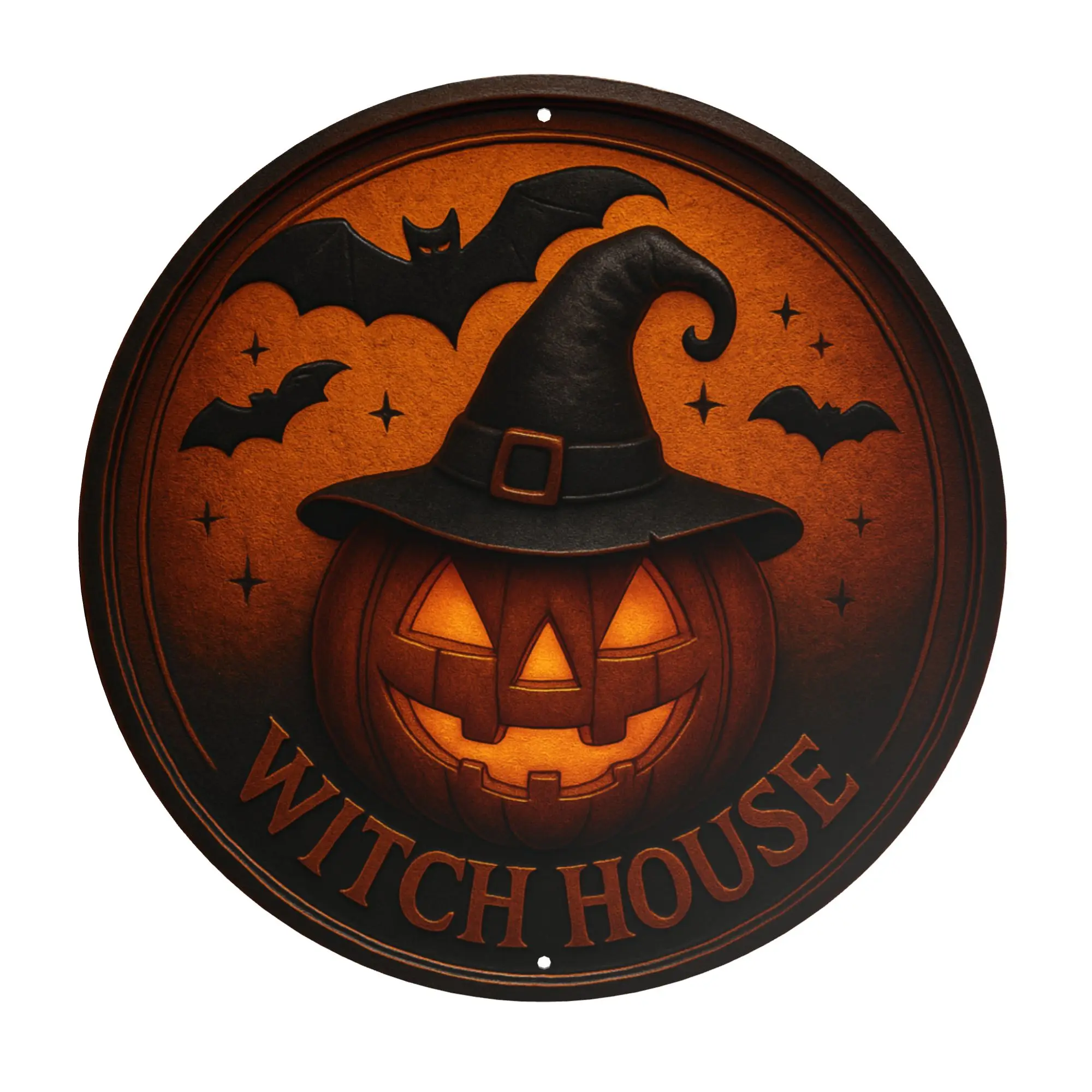 

1pc 2D Vintage Witch House Metal Sign Circular Iron Wall Decor with Star Witch Hat Broom Design Halloween Decor for Home Garage