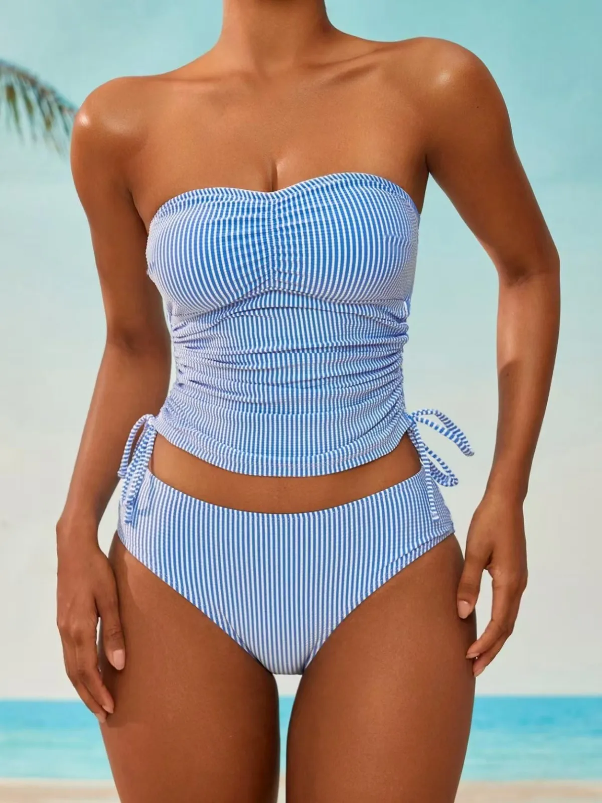 2025 Trendy Tankini Swimsuit Set Blue Striped Two Piece Bathing Suit with High Waist Bottoms & Rash Guard Top Summer Two Piece
