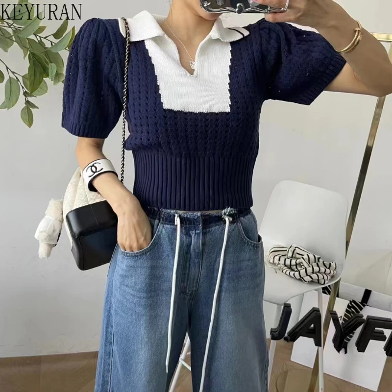 2024 New Summer Korean Chic Short Sleeve Hollow Out Sweater Pullover Fashion Casual Contrast Color Laple Knitted Tops Y2K Jumper