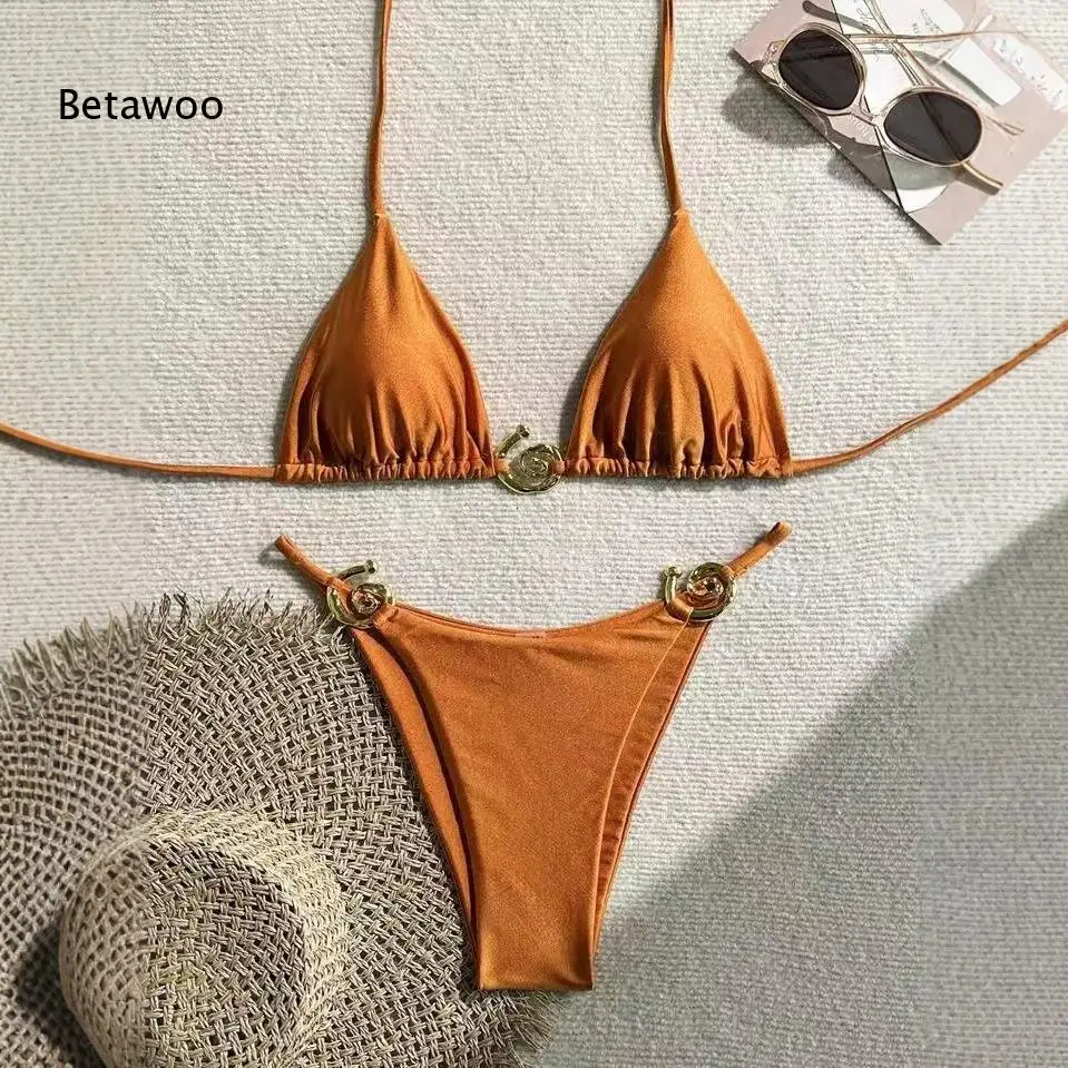 Solid Orange Metal Decor Halter Tie Side Triangle Two Piece Bikini Swimsuit