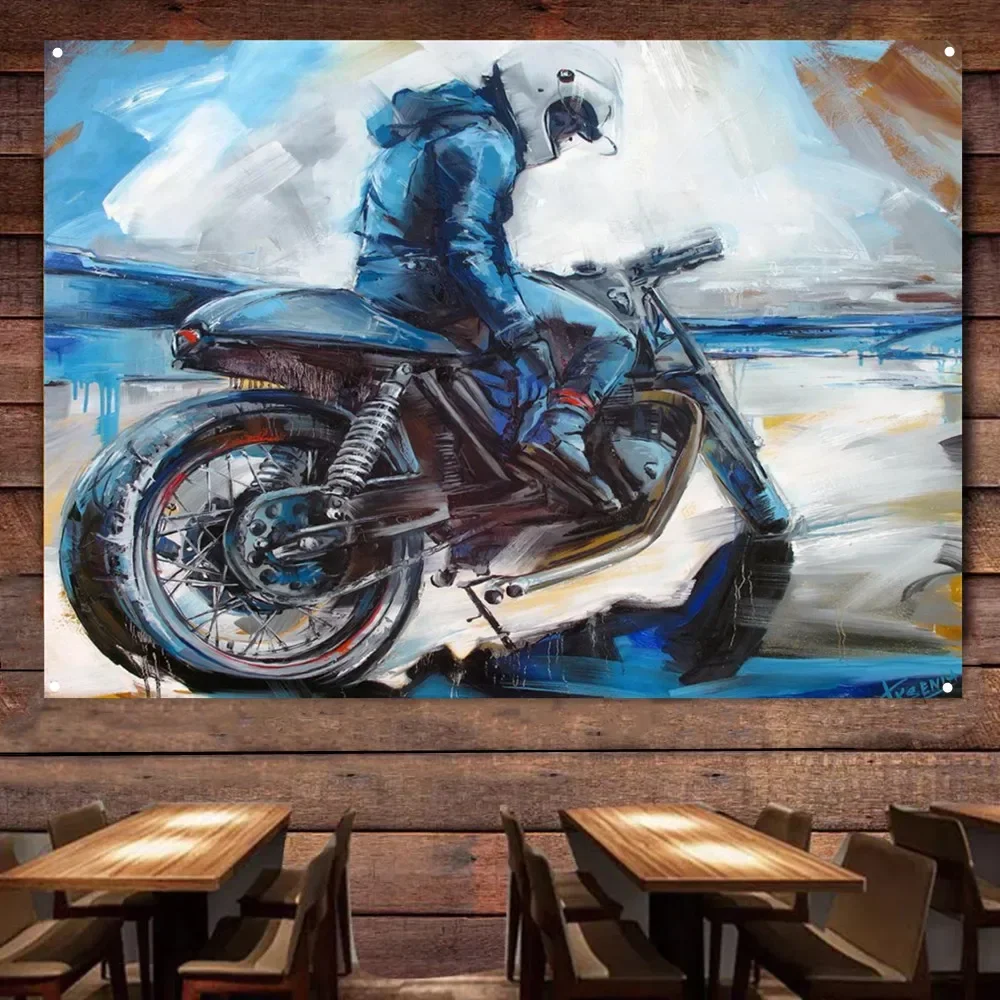 

Racer Motorcycle Flag Tapestry Banner Motor Rider Decor Poster Wall Art Vintage Sign Motor Car Painting For Garage Man Cave