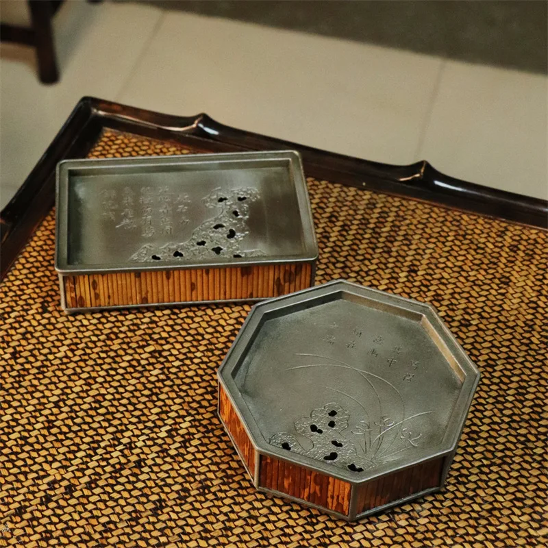 Handmade Pure Tin Tea Tray Xiangfei Style Water Storage Tea Holder Dry Brewing Plate Chaozhou Kung Fu Tea Table Decor Accessory
