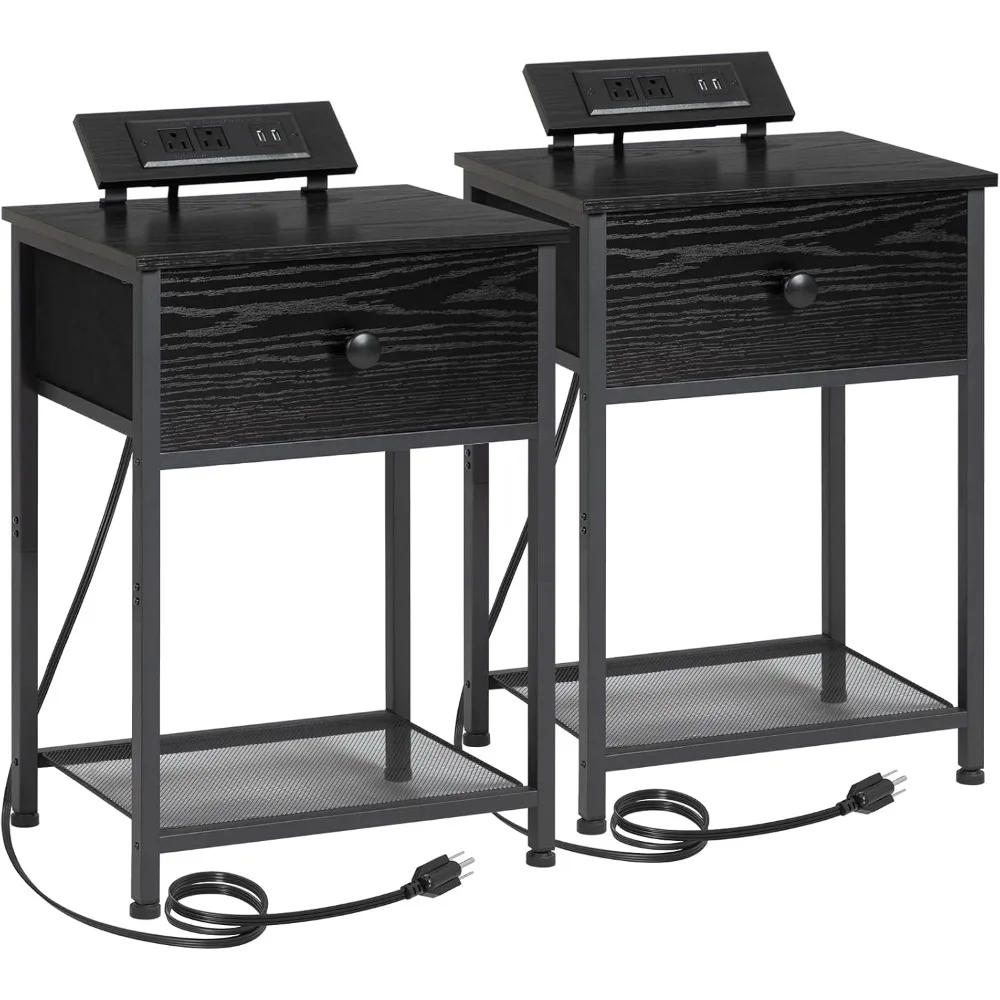 

Night Stand, Black Nightstand Set of 2, Small End Tables Living Room with Charging Station, Slim Bed Side Table with Fabric Sto