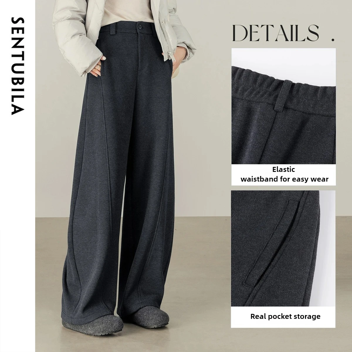 SENTUBILA Women's Warm Pants 2025 Winter Fleece Lined Knitted Trousers Elastic Waist Comfortable Soft Casual Bottoms 154KN3155