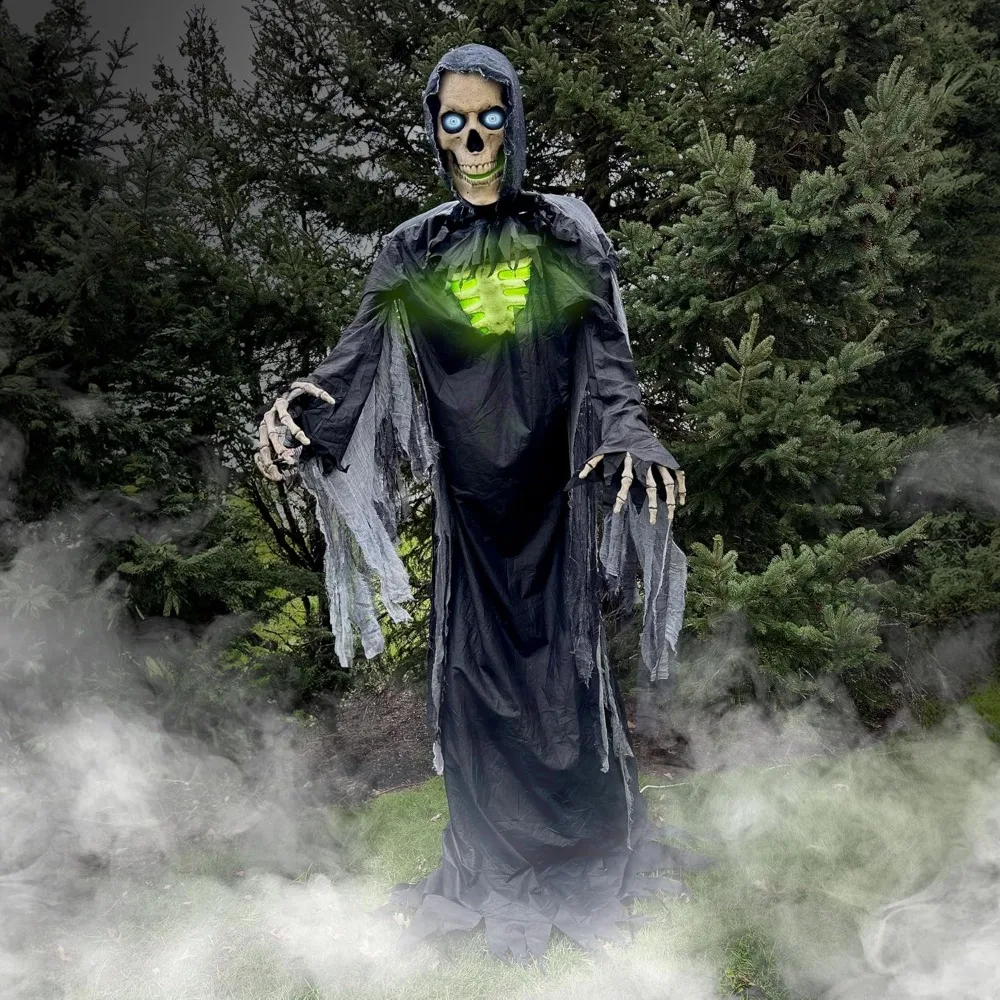 Motion-Activated10-Ft.Tall Towering Reaper,Plug-inTalking Scare Prop Animatronic with Spooky Sound Effects and Lights for Indoor