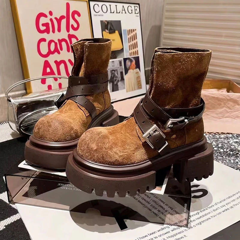 

Platform Women’s Ankle Boots Suede Fashion Retro Punk Boots Winter Elegant Designer Shoes Woman 2025 Snow Gothic Gladiator Botas