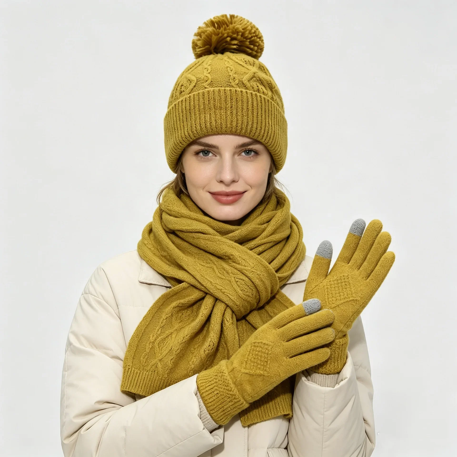 Winter Women Diamond Pattern Knitted Warm Knit Hat Scarf Gloves 3 Piece Set with Pom Pom Ball Cold Weather Accessories