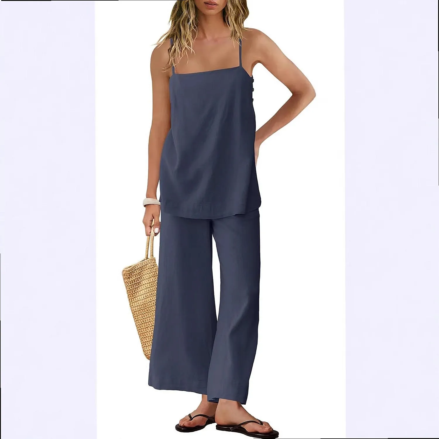 Women's Fashion Loose Casual Camisole Tank Top and Long Pants Matching Set for Spring Summer