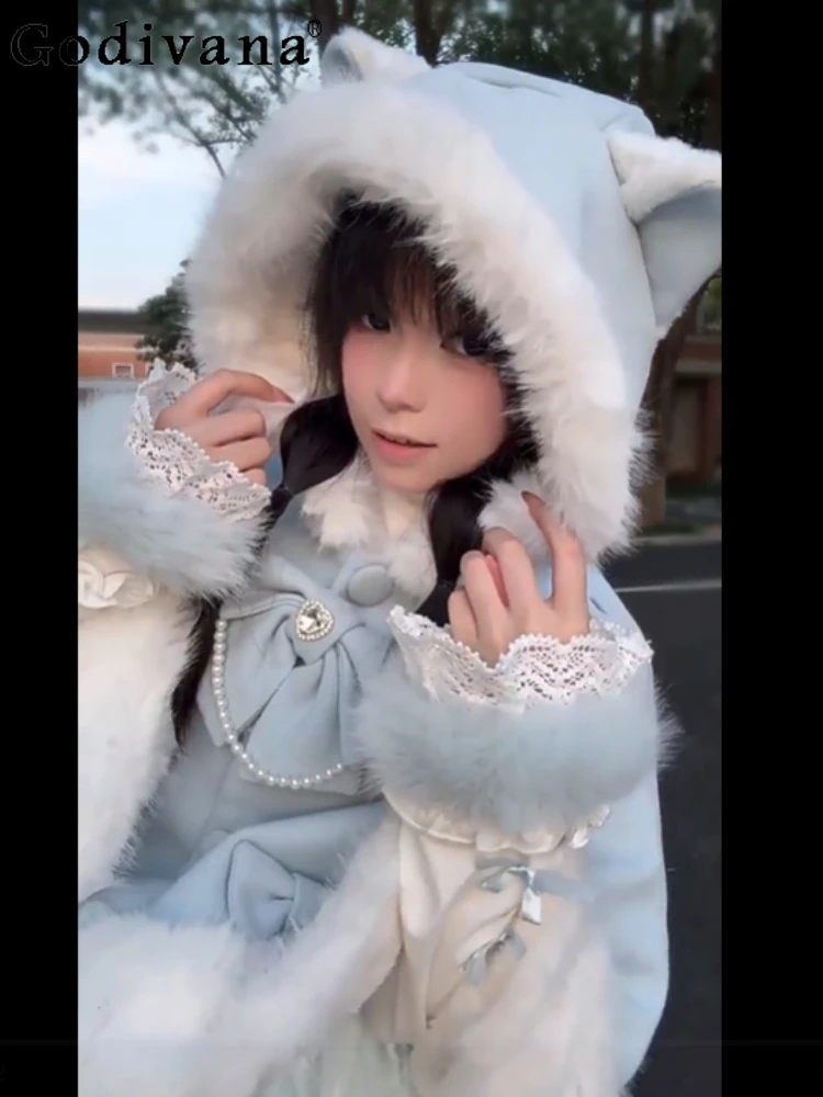 

2025 New Japanese Style Original Bow Lolita Coat Sweet Girl Cute Doll Feel Fleece Lined Cape Wool Hooded Coat
