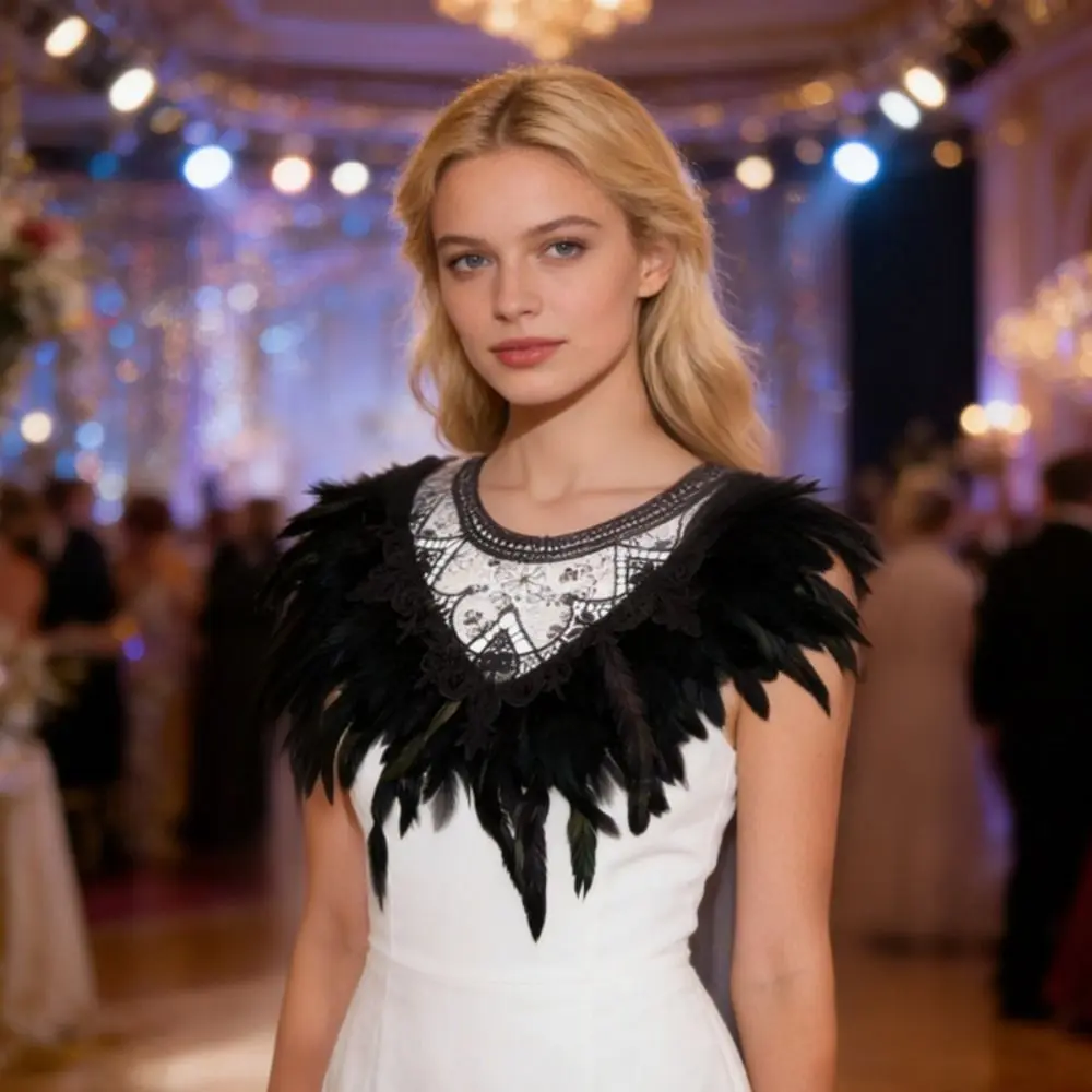 

New Lightweight Lace Feathered Cover Polyester White Color Lace Embroidered Wrap Charming Lace Down Feathered Shawl Dance Party
