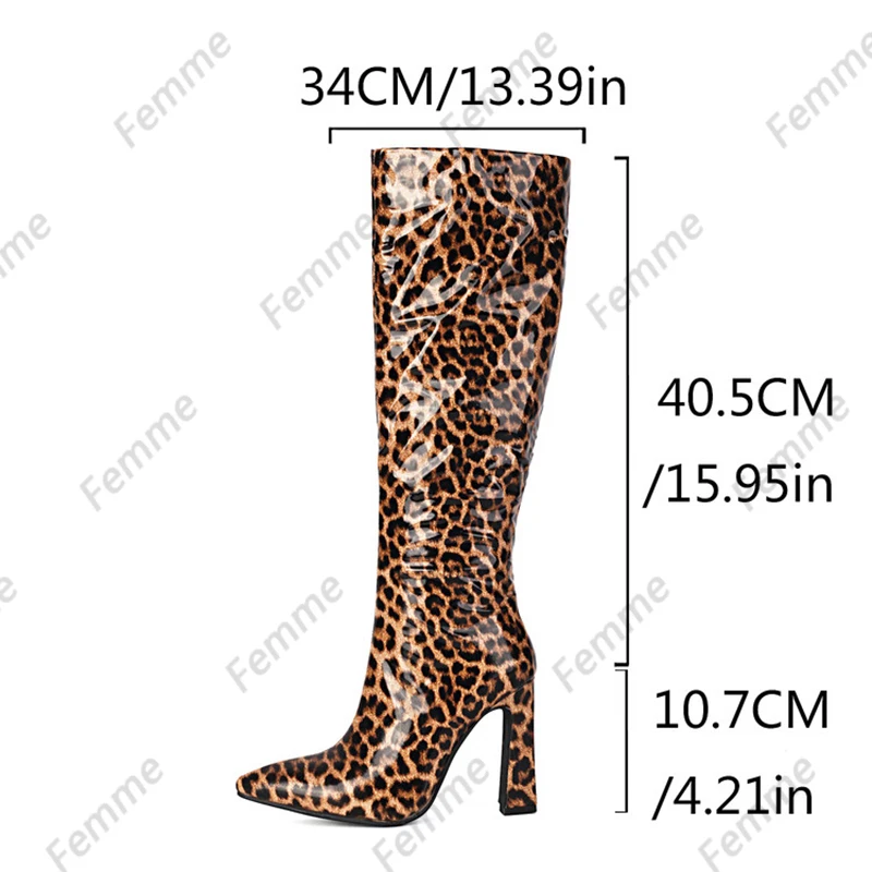 Femme Handmade Leopard Print Knee High Boots, Women's Pointed Toe Block Heel Boots, Fashionable Statement Footwear Size 35-47