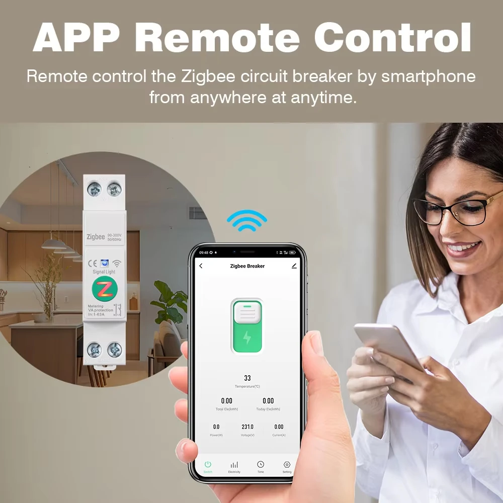 WiFi/Zigbee MCB Smart Circuit Breaker Over Current Under Voltage Protect Power Metering 1-63A 1P+N Works with Smart Life Google