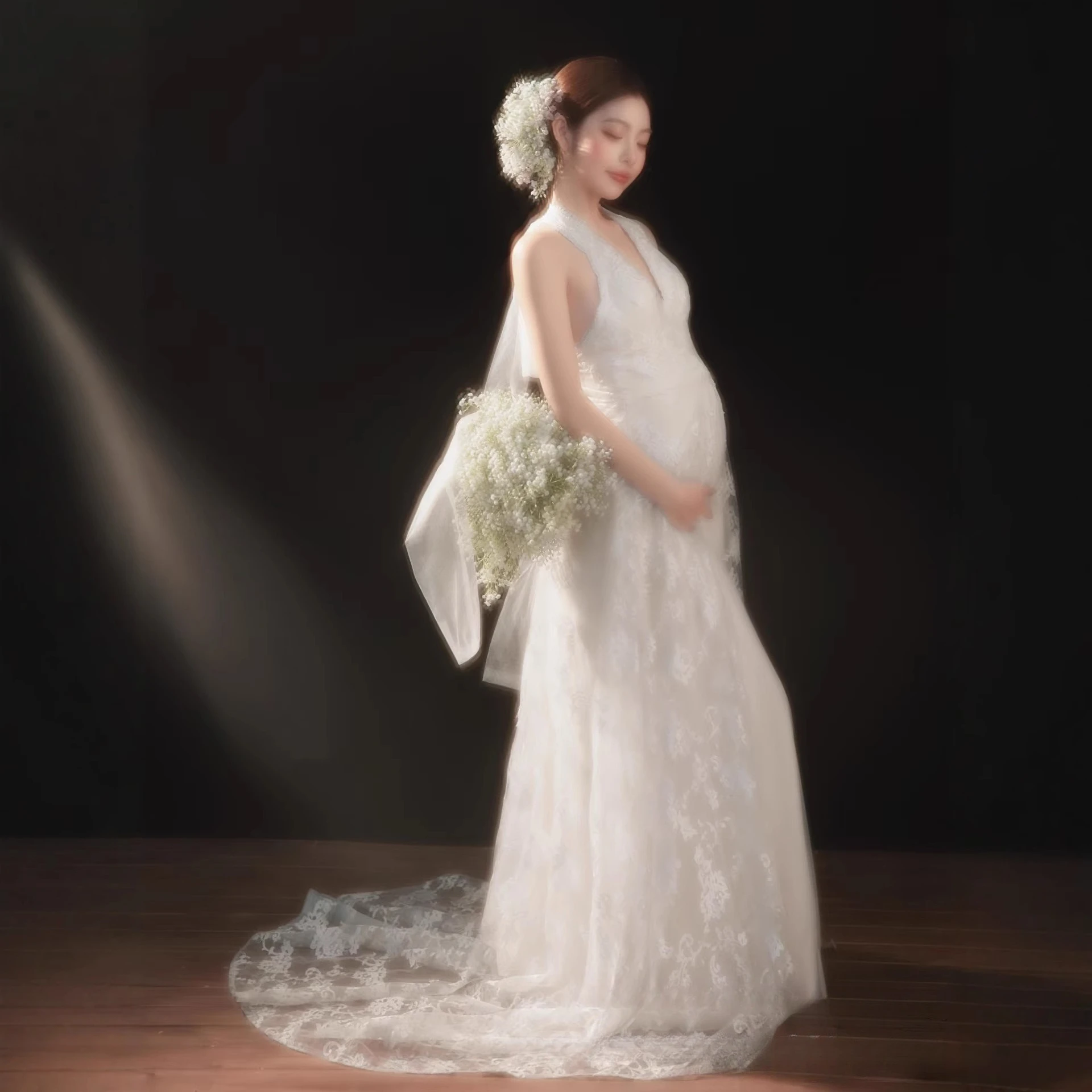 Women Photography Props White Lace Elegant Maternity Dresses Halter Pregnancy Dress Clothing for Studio Photoshoot Props