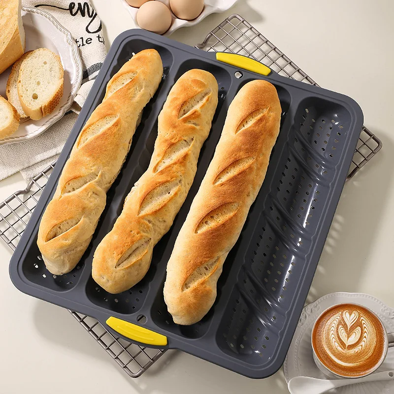 4-slot large silicone baguette mold with iron frame  won't deform  non-stick with holes  easy to release French bread baking pan