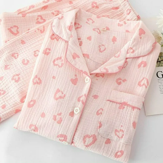 

Women's Heart Print Pajamas Set Pure contton Button And Trousers 2 Piece Sleepwear Casual Sweet Breathe Loungewear For Wom