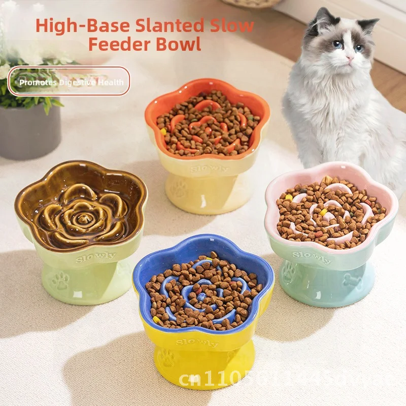 

Керамическая миска для медленного питания для домашних животных с высокой ножкой, противодымная миска для собак и кошек, наклонная конструкция для защиты шеи маленьких собак и кошек