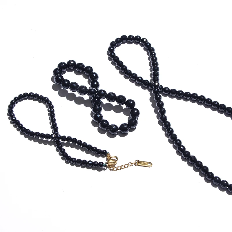 Faceted Black Onyx Beaded Choker Necklace Anklet Set Summer Beach Women\'s Jewelry Gift with Stainless Steel Lobster Clasp