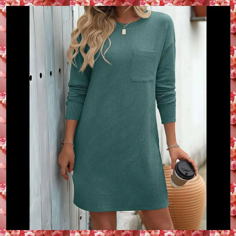 Mini robe t-shirt côtelée à manches longues et col rond pour femme, décontractée, automne