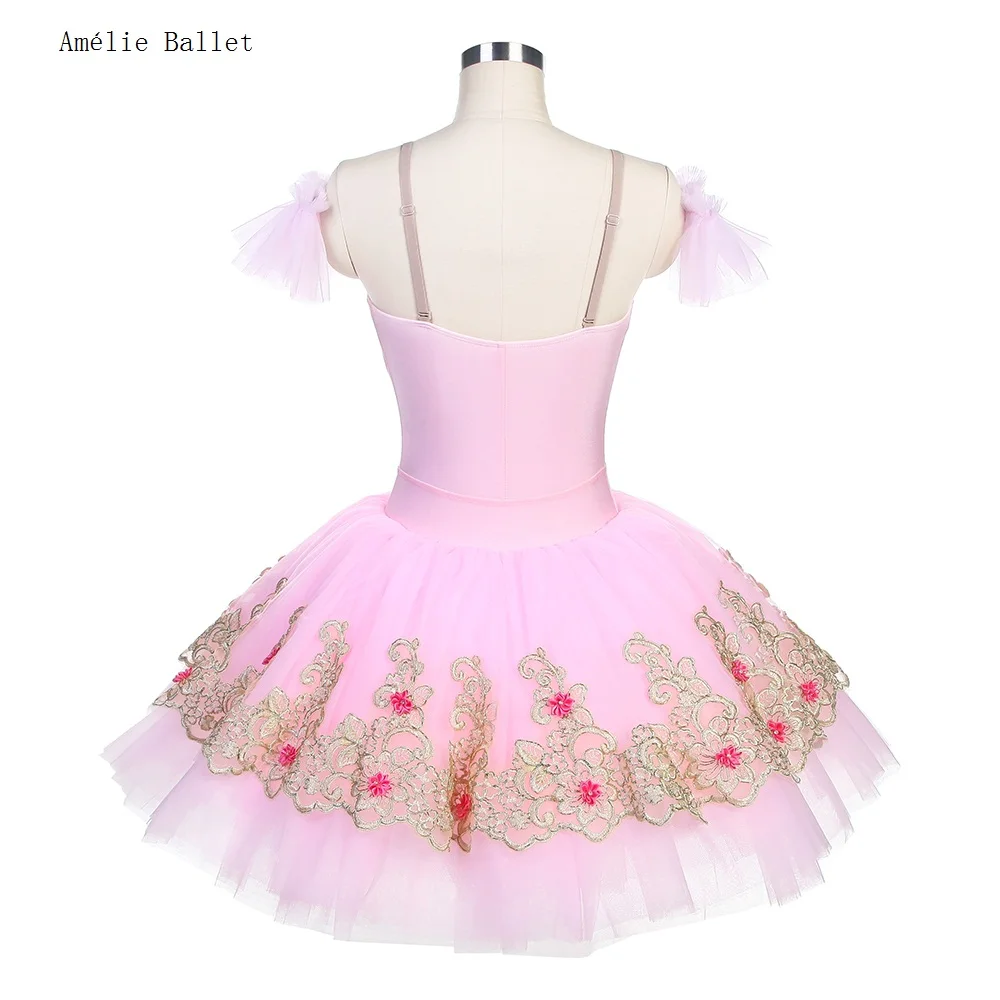 BLL561 Pink Spandex Bodice Pre-Professional Tutu with Applique Bell-shape/Pancake Tutu Skirt Girls & Women Ballet Dance Costume