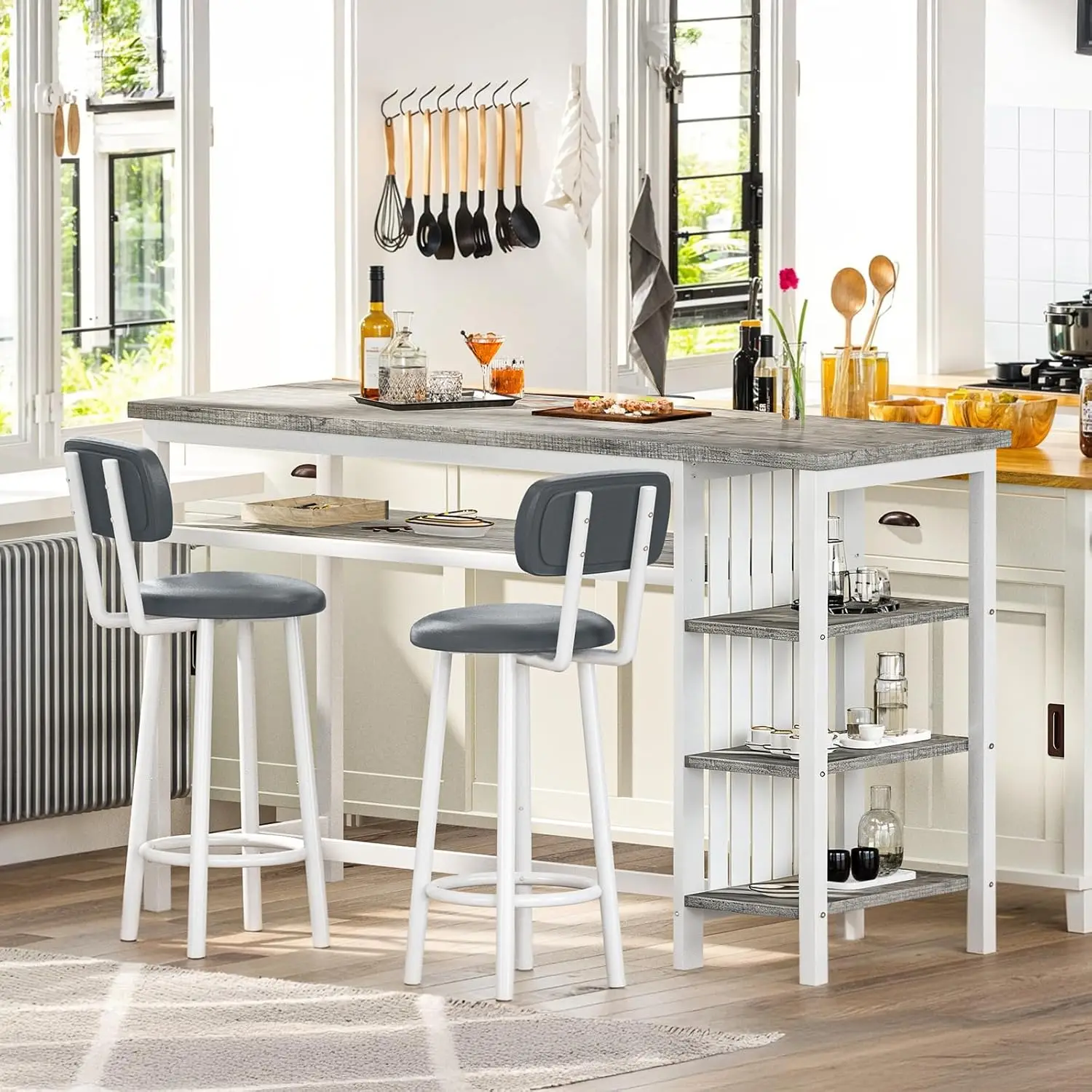 

Counter Height 3-Piece Bar Table & Chairs Set with Storage Shelves for Kitchen Pub Bistro, Customized