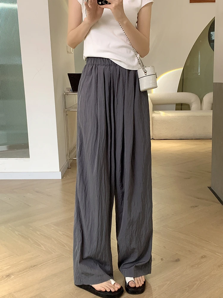 아이스 실크 얇은 주름 감각 바지 캐주얼 여성 여름 새로운 루즈핏 하이 웨이스트 드레이프 스트레이트 레그 벨 하의 