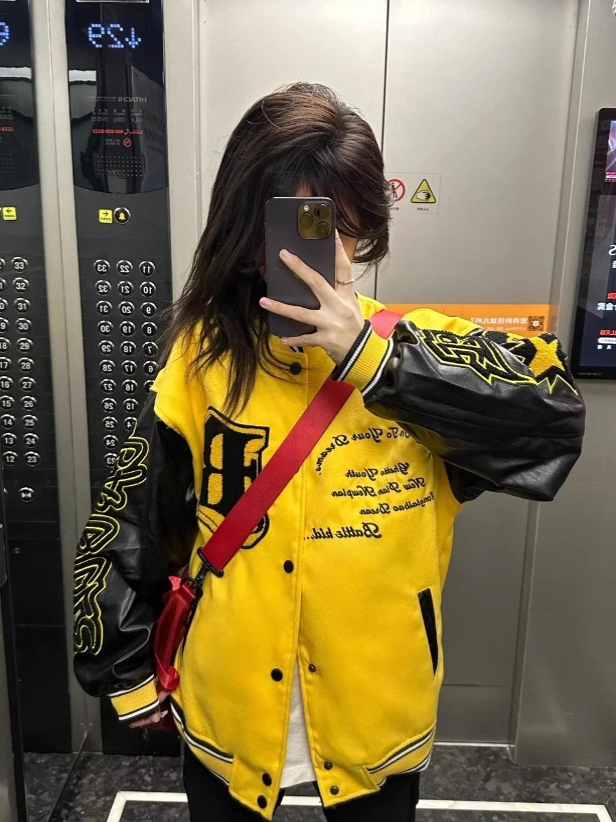 

Retro American Fire Letter Embroidery PU Leather Patchwork Baseball Jaet ex Casual Couple's Jaet Trendy Youth