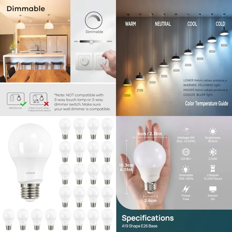 A19 LED Light Bulbs Dimmable, 60W Equivalent, Energy Efficient 9W, 2700K, 800 Lumens, E26 Standard Base, Lighting for Bedroom L