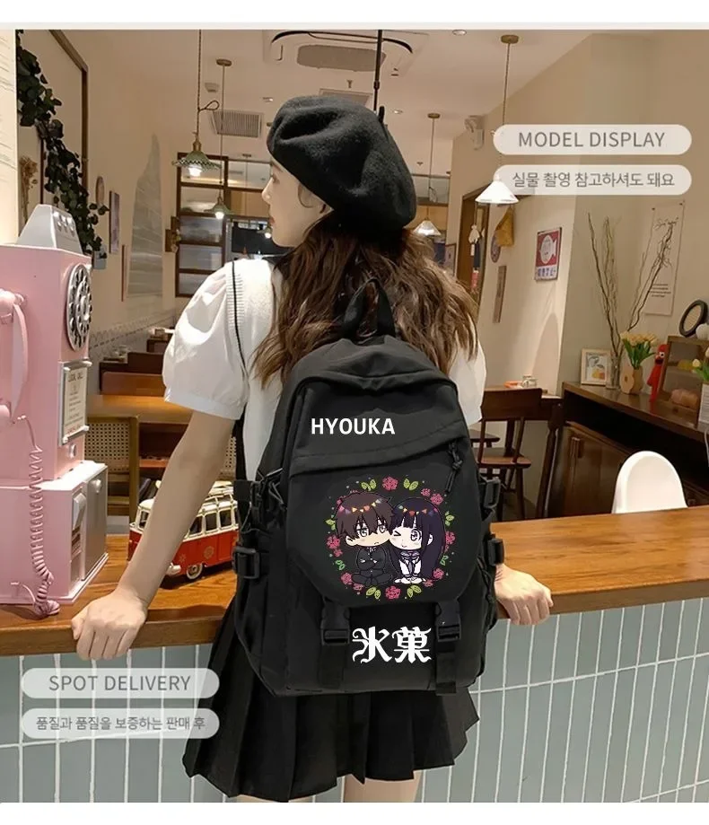 Mochilas anime para meninos e meninas, preto e branco, hyouka, mochilas escolares para estudantes e adolescentes, grande capacidade, presente para crianças, 30 × 43 × 13cm