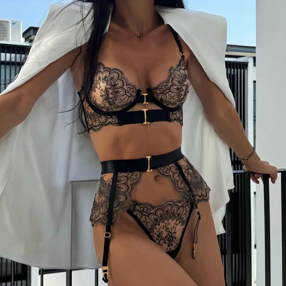 New Ladies Sexy Lace Lingerie Embroidered Erotic Outfit Underwear Suspender Set Hot See Through Hollow Strap Up Women's Bra Sets