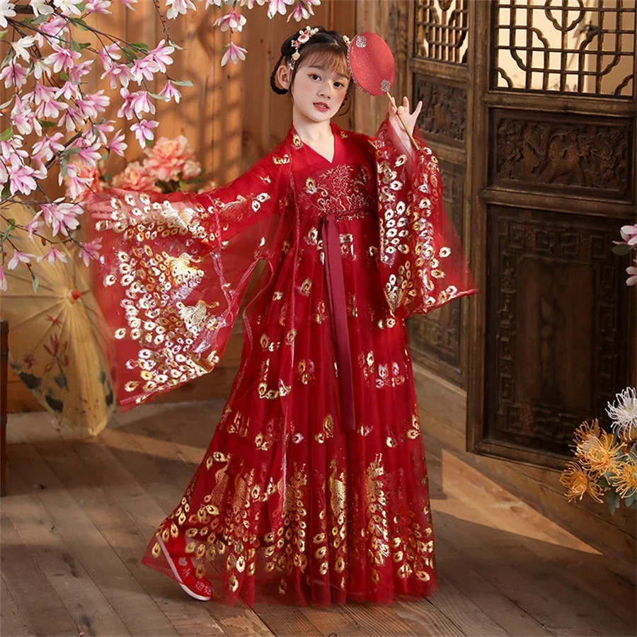 Neues altes chinesisches Seiden-Tang-Dynastie-Hanfu-Kostüm-Set für Mädchen und Kinder, Tanz-Cosplay, traditionelle chinesische Kleidung