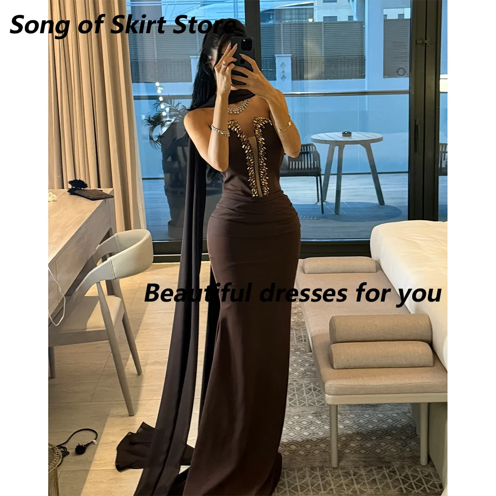 

Brown Evening Dress Mermaid Jersey Crystal Sweetheart Neck Long Dresses with Scarf Floor Length Party Gonws Customized