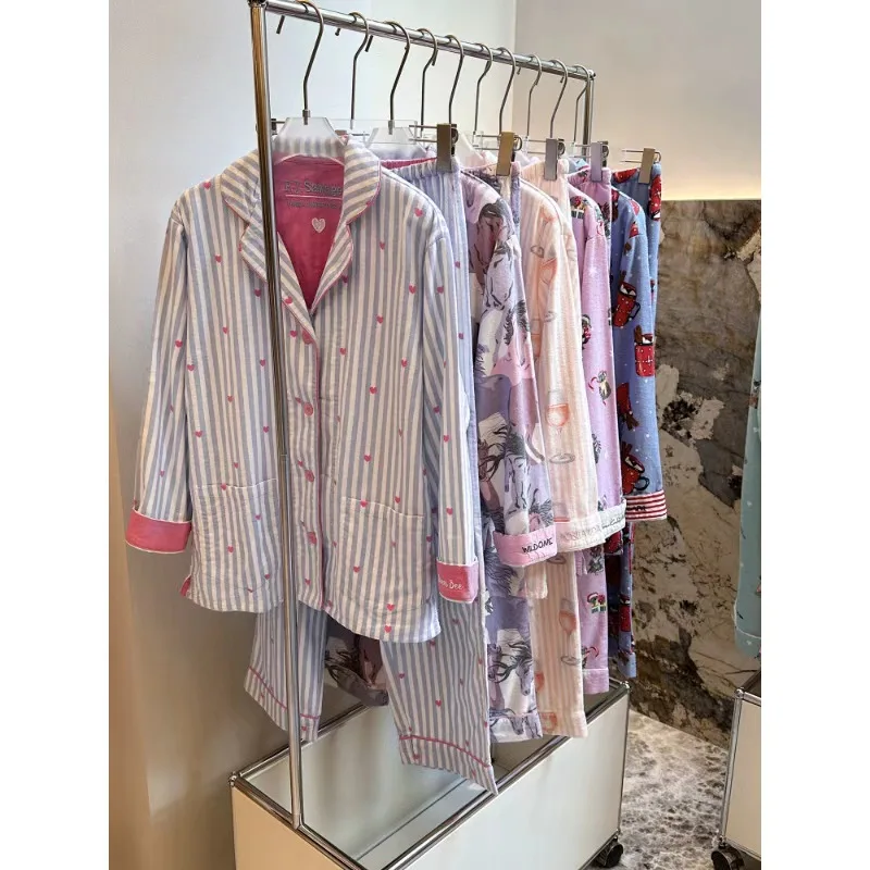 

2025 Pajamas Suit 100% Cotton 2 Piece Set Women Print Cartoon Nightwear Long Sleeve Trousers Set Autumn Loungewear Home Clothes