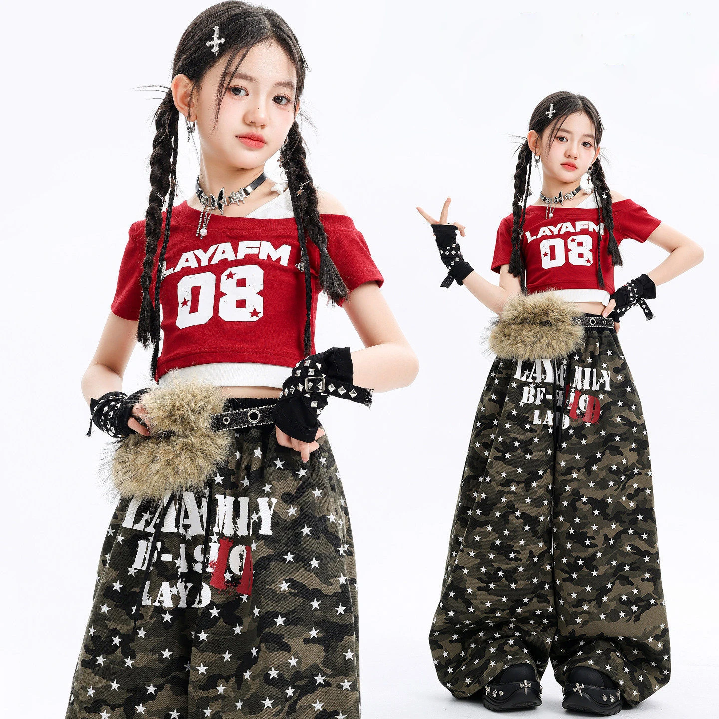 Kid Kpop Hip Hop Clothing Red Tie Strap One Shoulder Crop T Shirt Camo Stars Wide Pants for Girls Street Dance Costumes Clothes