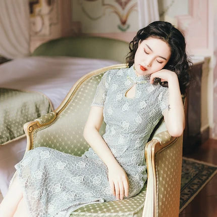 

Luun Mint een Beaded Dr Young Girl Sle Reformed Version Long Sve ort Sve Floral Pattern Daily Wear