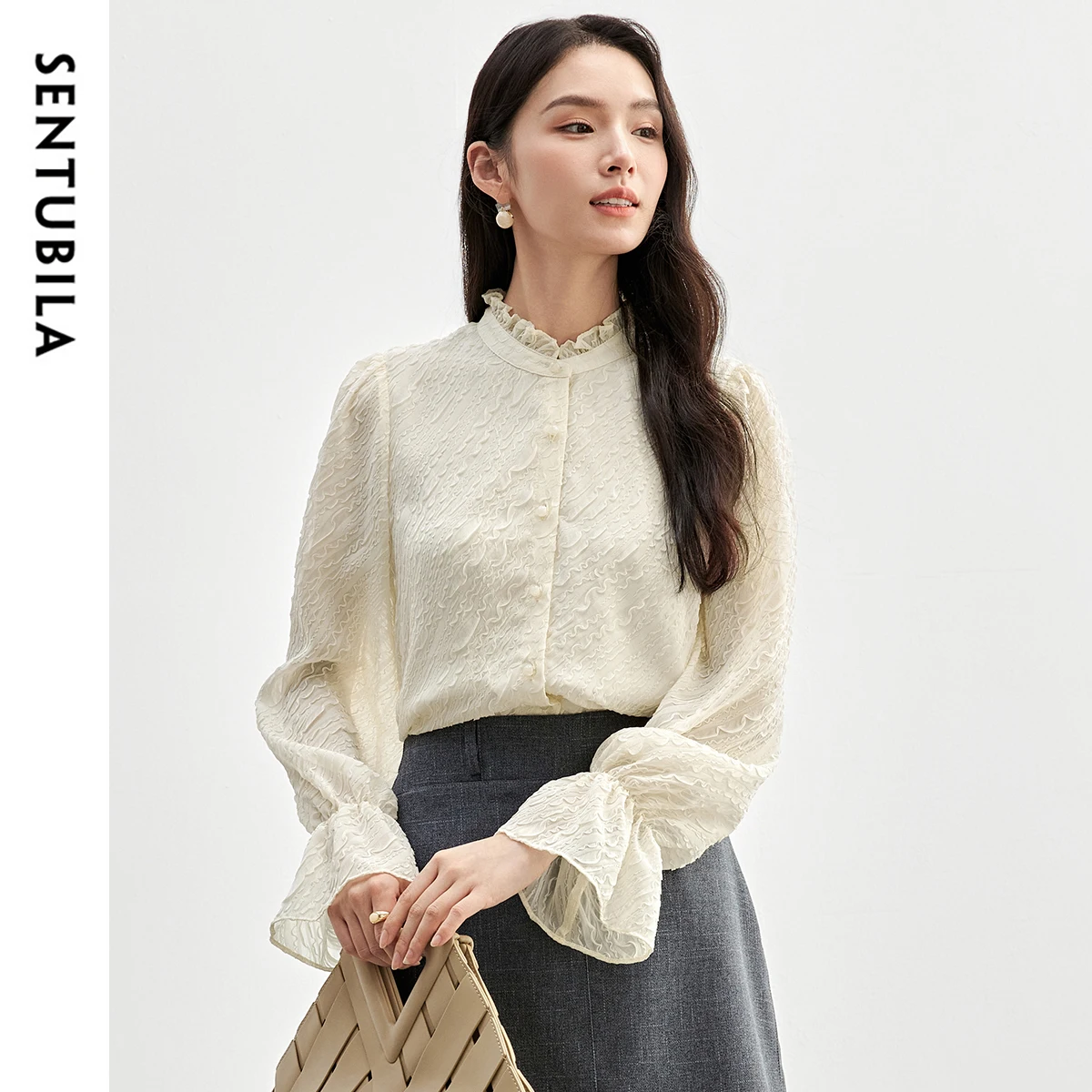 SENTUBILA Jacquard Ruffles Shirts for Women 2025 Spring Vintage Elegant Stand Neck Flare Sleeve Chiffon Blouses 151C58162
