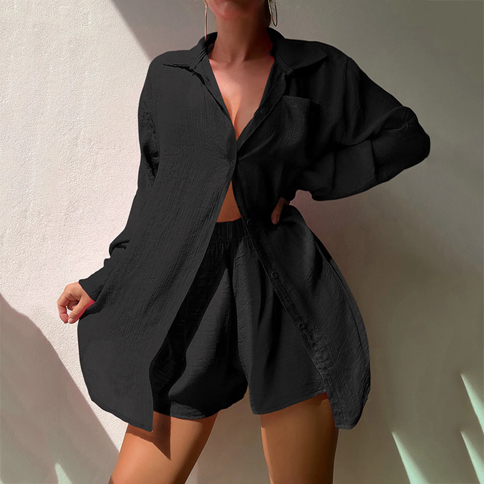 Fashion Long Sleeve Lapel Button Shirt and Shorts Sets Women Casual Solid 2 Piece Loose Beach Swimsuit Sun Protection Suits