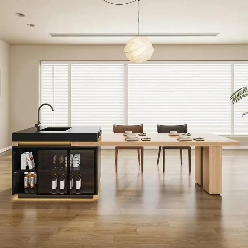 Rock Slab Island Dining Table with Integrated Mobile Sink Retractable Kitchen Counter Advanced Design Single Guide Household