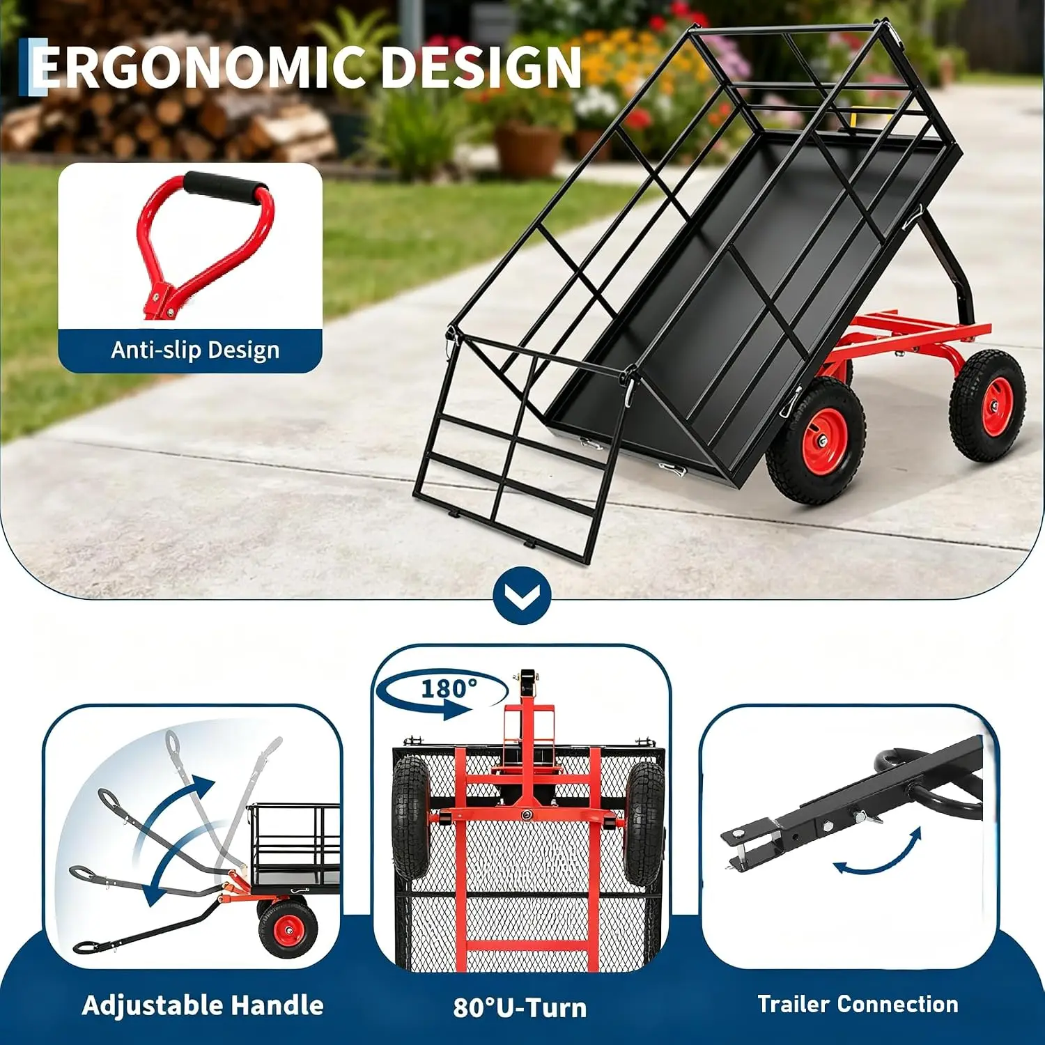 4-in-1 Garden ATV Trailer and Steel Dump Cart, 1500 Lbs Metal Utility Yard Trailer with 13 Inch Tires, Removable Mesh Side Panels and 180° Swivel Handle for Soil, Tools and Plants