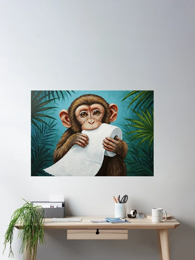 Monkey Chewing On Toilet Paper Painting, Print Art Canvas Poster, For Living Room Decor Home Wall Picture