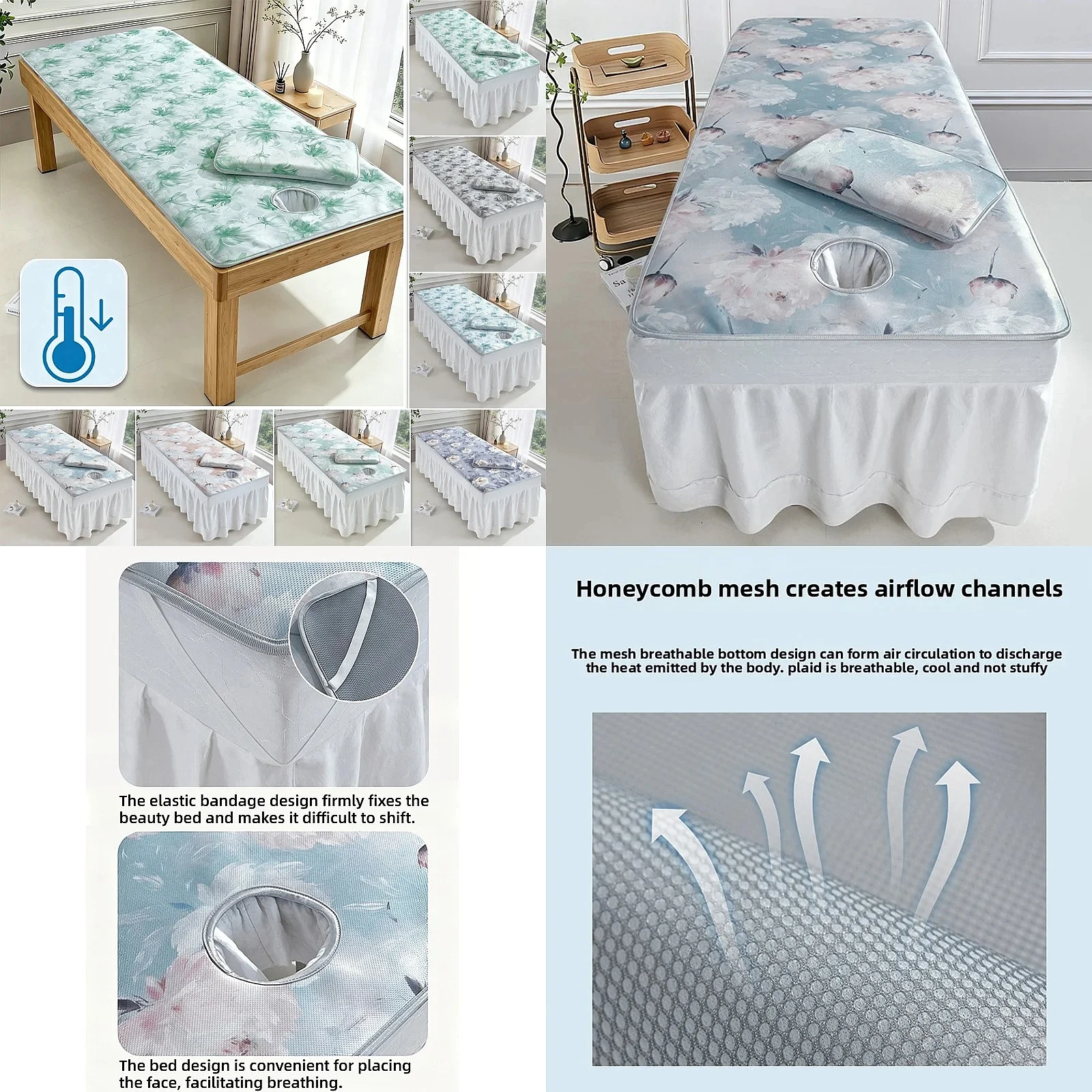 Professional Ice Silk Beauty Bed Mat Breathable Cooling Anti‑Slip Massage Table Pad with Pillow Towel Built‑in Face Hole 180cm