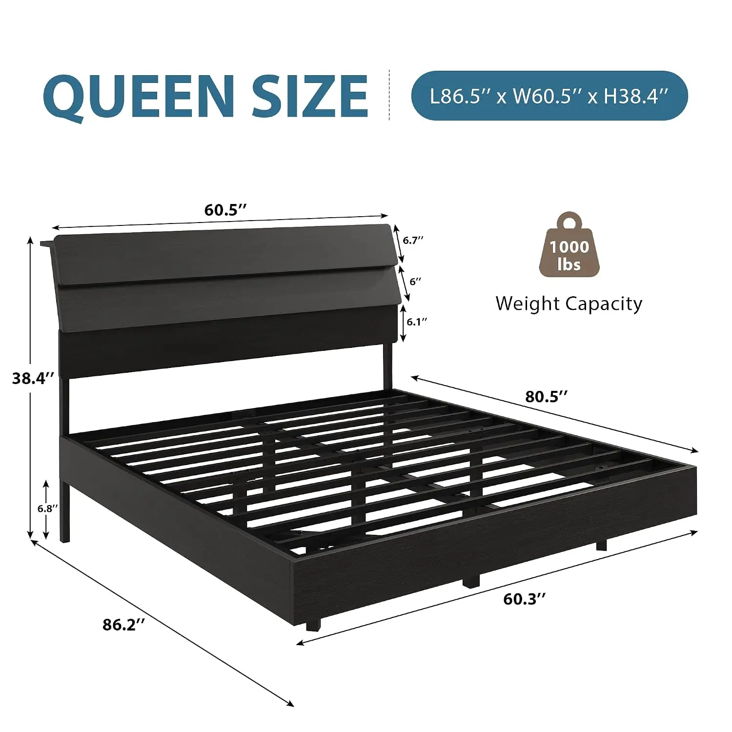 Queen Floating Bed Frame with LED Lights, Wood Platform Bed with Storage Headboard & Charging Station, Metal, Customized