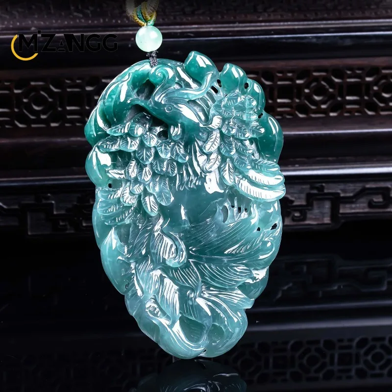 Natural Jadeite Phoenix Facing The Sun Pendant Exquisitely Carved High-end Ice-type Jade Necklace Unisex Beautiful Festival Gift