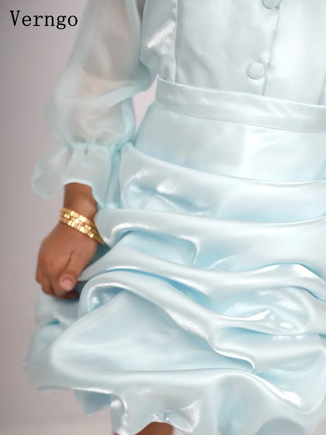 Verngo Baby Blue Shiny Satin Mini Girl Fowers Dress O Neck Full Sleeve A Line Birthday Party Dresses Kid Prom Gown Customized