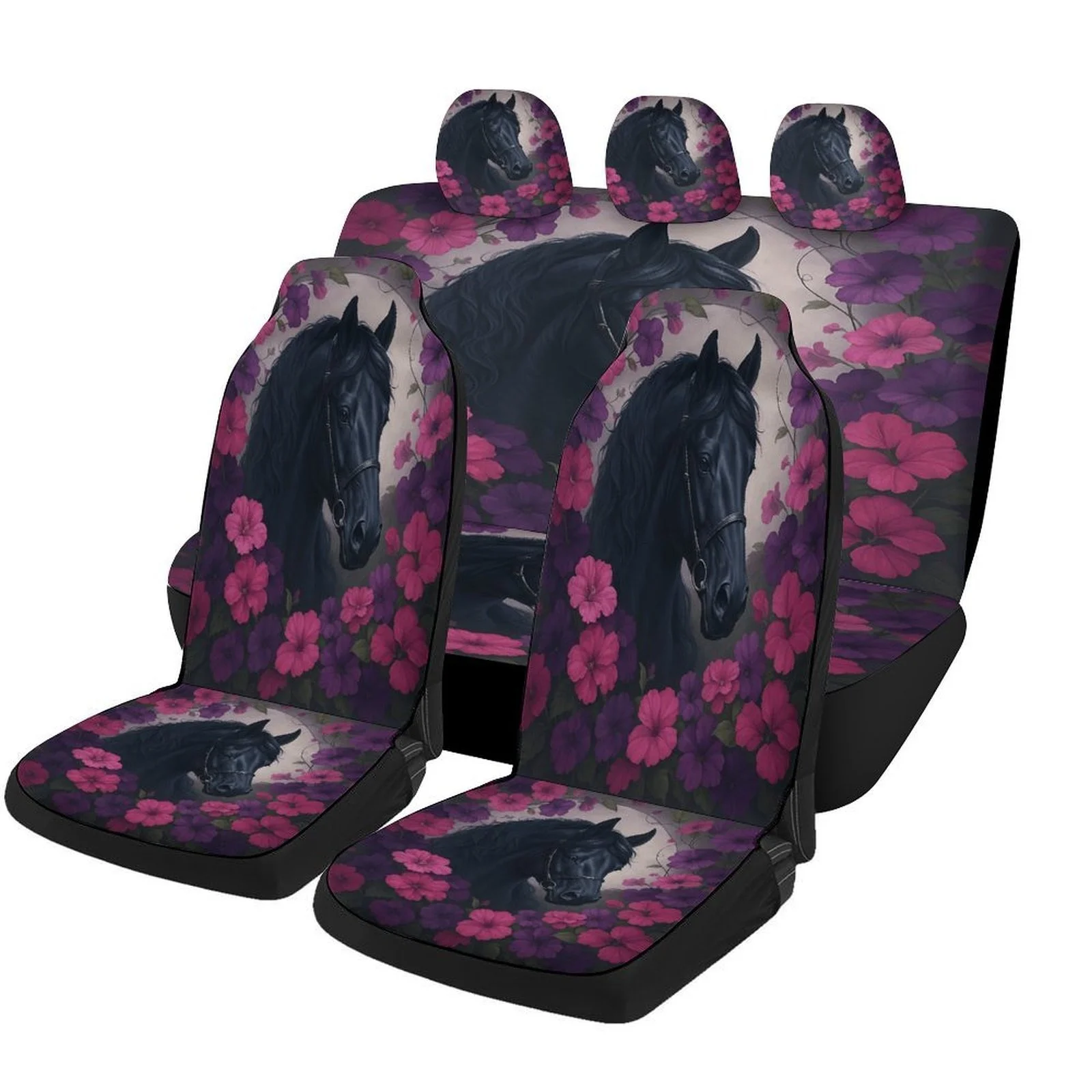 Horse Floral Portrait Designed Car Seat Covers Set For Most Cars, Trendy Novelty Decorative Car Seat Protector Covers Full Set,