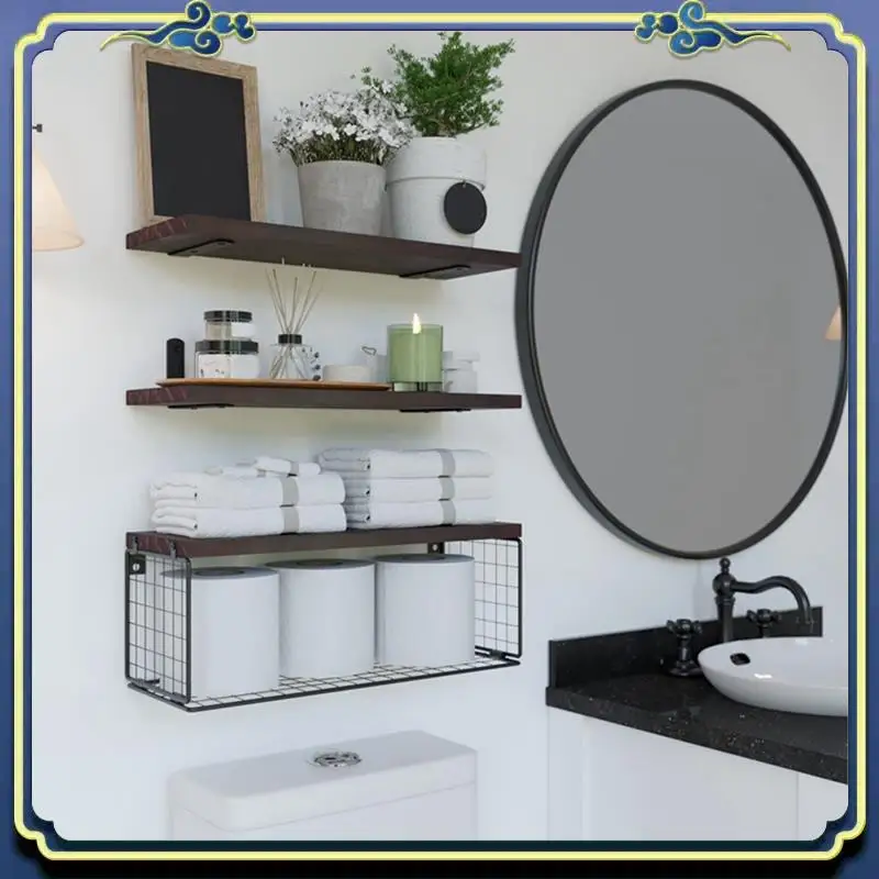 

Bathroom Shelves Over Toilet, Floating Bathroom Wall Shelves With Wire Basket, Shelf For Wall Decor Wood Easy To Use