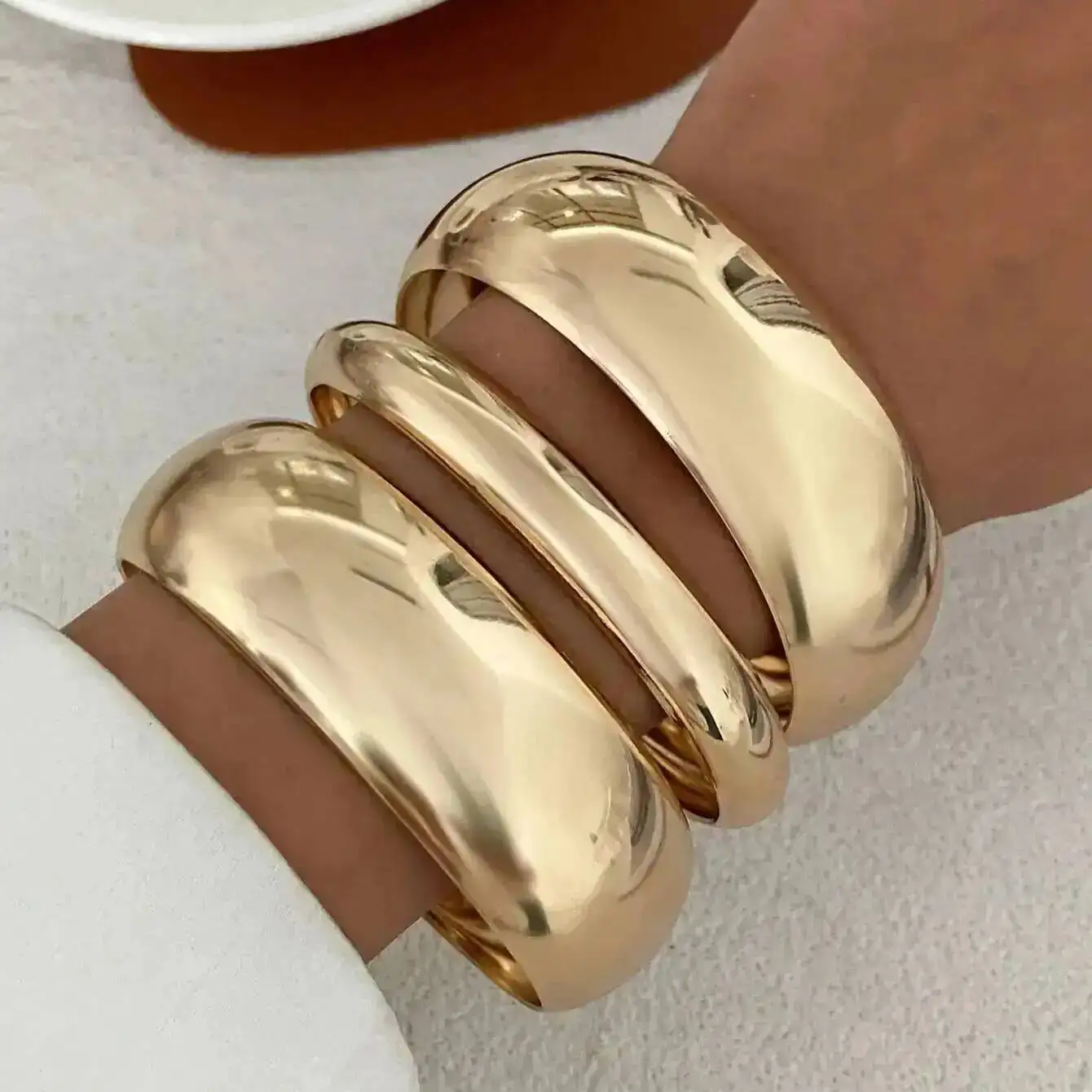 KunJoe 3 Pcs/Set Smooth Surface Round Wide Bangle for Women Punk Glossy Geometric Multi Layer Stackable Bracelet Daily Jewelry