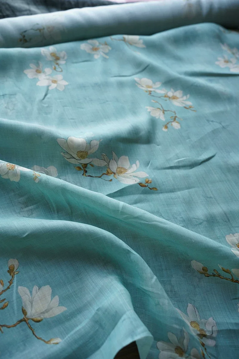 1yard Blue magnolia print tela Pure ramie diy sewing fabric shirt dress cheongsam fabric