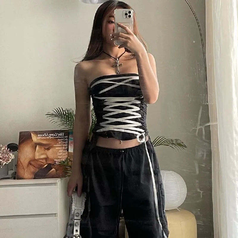 Yangelo Y2K Bandage sexy träger lose Tank Top Sommer Satin Gürtel rücken freie Crop Tops koreanische Mode binden Korsett Kleidung