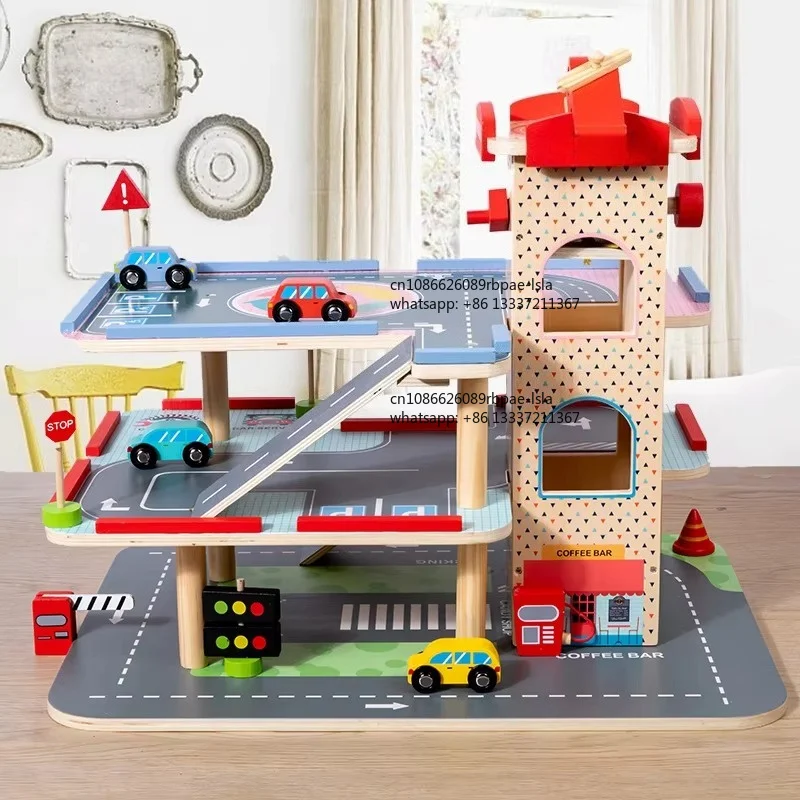 Wooden Multilevel Garage Parking Lot Child Play Set Kids Early Educational Role Play Toy Wooden Car Parking Game Toy for  Gift